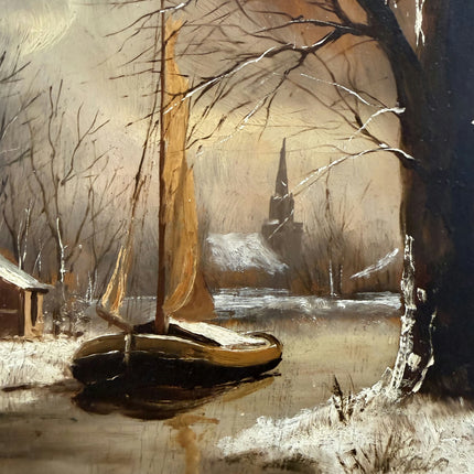 Elegant Harbor Scene Oil Painting "Winter Tree" Vintage Artwork Holland Art Shop