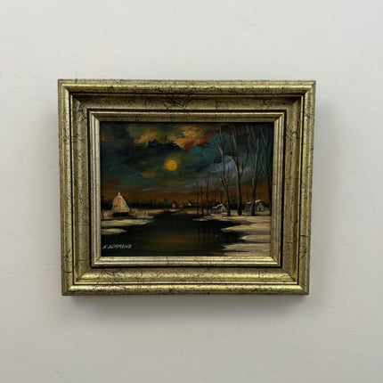 Expressive Winter Landscape Oil Painting "Full Moon" Refined Small Artwork Holland Art Shop