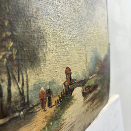 19th Century Antique Landscape Oil Painting "Rowboat Bay" Small Artwork Holland Art Shop