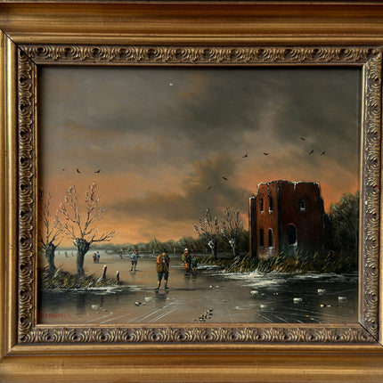 Vintage Oil Painting Winter Landscape "Ice Fishing Scene" Handcrafted Small Art Holland Art Shop
