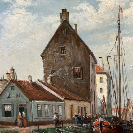 Original Harbor Scene Oil Painting "Harbor Village" Refined Small Art Holland Art Shop