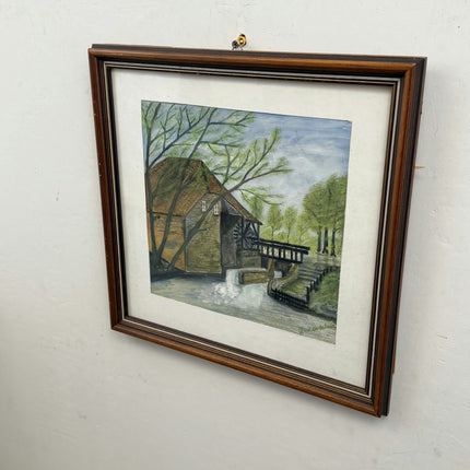 Classic Landscape Aquarel "Watermill House" Detailed Small Artwork Holland Art Shop