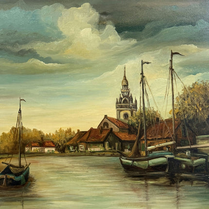 Handcrafted Harbor Scene Oil Painting "Mooring Boats" Rustic Art Holland Art Shop