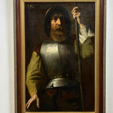 19th Century Antique Portrait Oil Painting "Armored Guard" Large Artwork Holland Art Shop