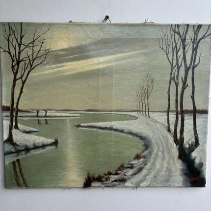 Refined Winter Landscape Oil Painting "Frozen River" Elegant Art Holland Art Shop