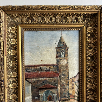 1896 Antique Cityscape Oil Painting "Bell Tower" Small Artwork Holland Art Shop