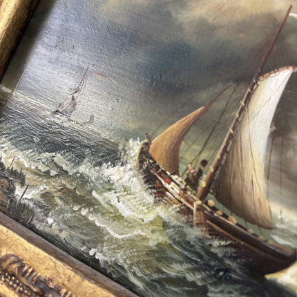 Antique Seascape Oil Painting "Sailing Boat" Original Small Art Holland Art Shop