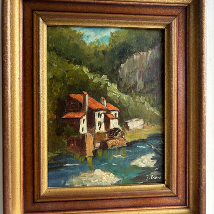 Classic Landscape Oil Painting "Riverside Houses" Vintage Small Artwork Holland Art Shop