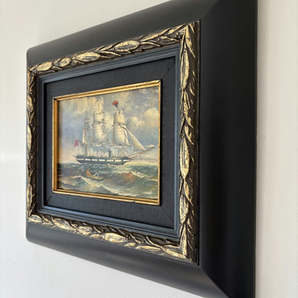 19th Century Antique Seascape Oil Painting "Green Ship" Small Art Holland Art Shop