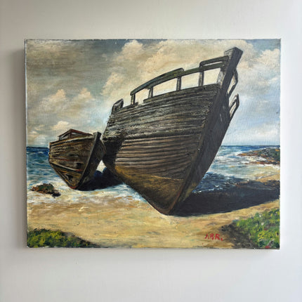 Detailed Seascape Oil Painting "Abandoned Boat" Handcrafted Large Art Holland Art Shop