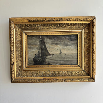 19th Century Antique Seascape Oil Painting "Gilded Frame" Belgique Artwork Holland Art Shop