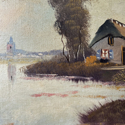 Authentic Landscape Oil Painting "Riverside Cottages" Detailed Large Artwork Holland Art Shop