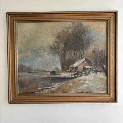 Vintage Winter Landscape Oil Painting "Snowy Barn" Elegant Art Holland Art Shop