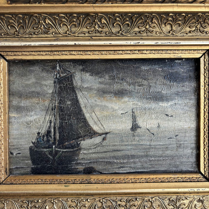 19th Century Antique Seascape Oil Painting "Gilded Frame" Belgique Artwork Holland Art Shop