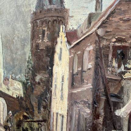 Antique Cityscape Oil Painting "City Street" Rustic Small Artwork Holland Art Shop