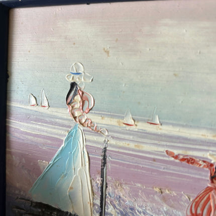 Expressive Seascape Oil Painting "Woman Walking" Vintage Small Art Holland Art Shop