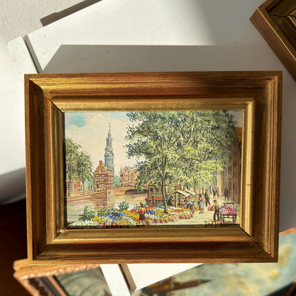 Fine Oil Painting Scenery "Flower Market" Refined Small Artwork Holland Art Shop