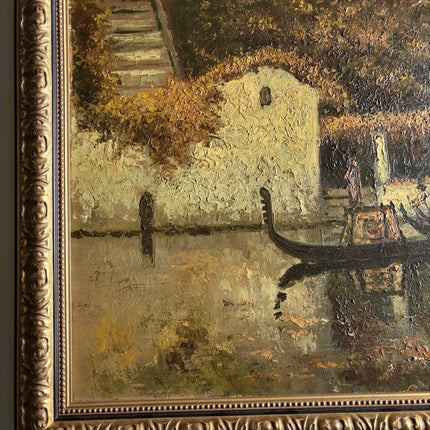 European Canal River Scene Art with Boat Oil Painting Classic Artwork Framed - HollandArtShop