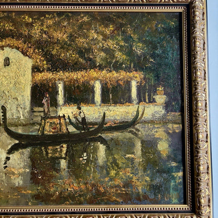 European Canal River Scene Art with Boat Oil Painting Classic Artwork Framed - HollandArtShop