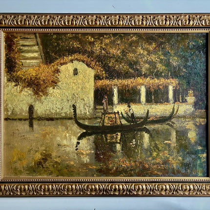 European Canal River Scene Art with Boat Oil Painting Classic Artwork Framed - HollandArtShop