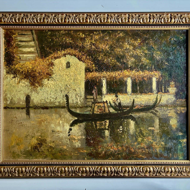European Canal River Scene Art with Boat Oil Painting Classic Artwork Framed - HollandArtShop