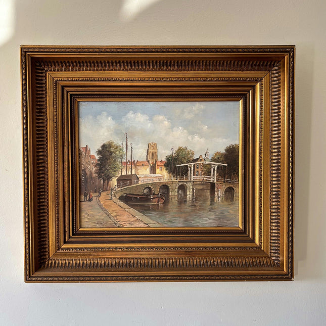 Expressive Oil Painting Cityscape "Stone Bridge" Vintage Medium Art - HollandArtShop
