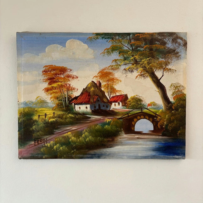 Expressive Oil Painting Landscape "Thatched Cottage" Striking Small Art - HollandArtShop