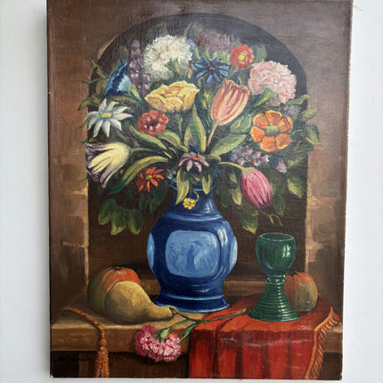 Detailed Floral Still Life Oil Painting "Blue Vase" Vintage Art Holland Art Shop