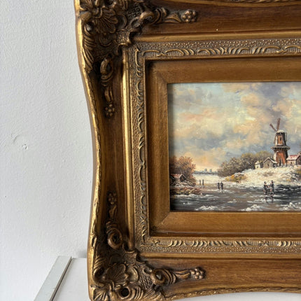 19th Century Oil Painting Winter Landscape "Windmill Scene" Small Artwork Holland Art Shop
