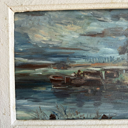 Authentic Harbor Scene Oil Painting "Painted Frame" Vintage Small Artwork Holland Art Shop