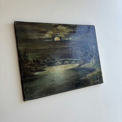 1915 Antique Landscape Oil Painting "Stone Bridge" French Artwork Holland Art Shop