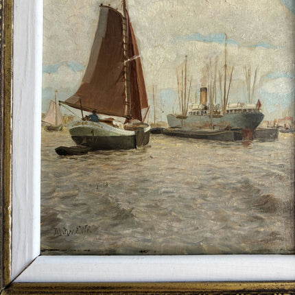 Handcrafted Harbor Scene Oil Painting "Ornate Frame" Traditional Artwork Holland Art Shop