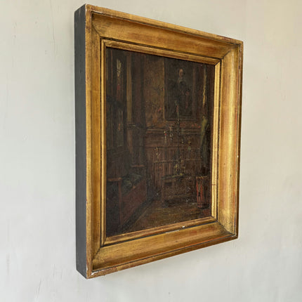 19th Century Antique Interior Oil Painting "Gilded Frame" Small Artwork Holland Art Shop