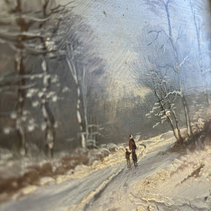 19th Century Antique Winter Landscape Oil Painting "Snow Path" Small Art Holland Art Shop