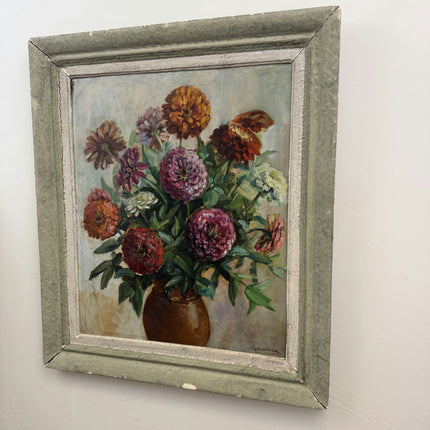 Elegant Floral Still Life Oil Painting "Zinnia Bouquet" Vintage Large Artwork Holland Art Shop
