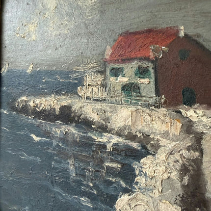 Vintage Harbor Scene Oil Painting "Red Roofed House" Handcrafted Artwork Holland Art Shop