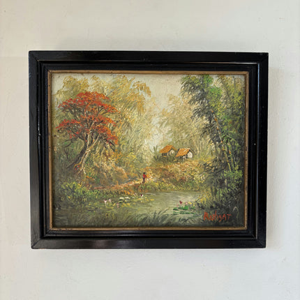 Antique Oil Painting Landscape "Red Tree Reflection" Refined Small Artwork Holland Art Shop