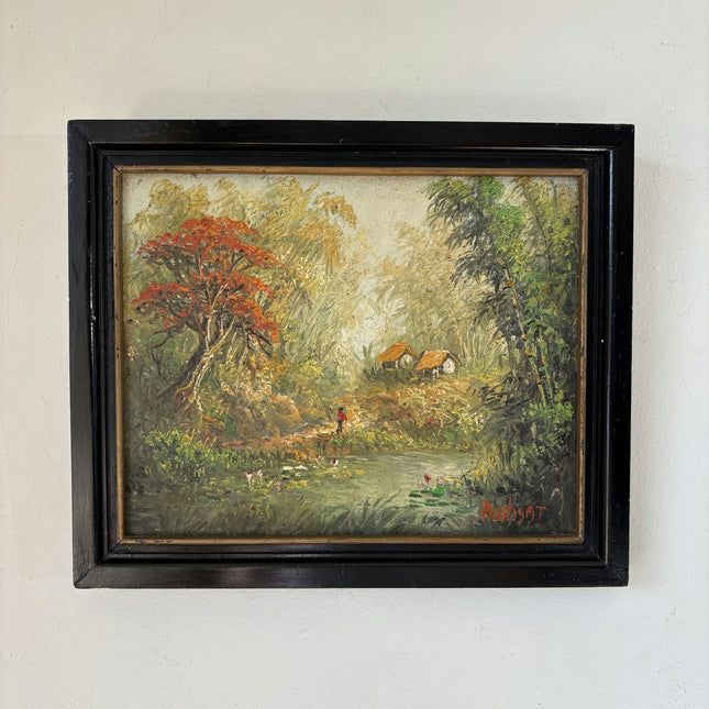 Antique Oil Painting Landscape "Red Tree Reflection" Refined Small Artwork Holland Art Shop