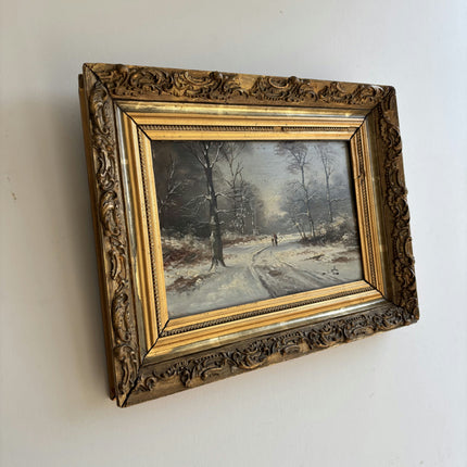 19th Century Antique Winter Landscape Oil Painting "Snow Path" Small Art Holland Art Shop