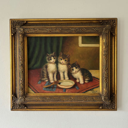 Antique Interior Oil Painting "Three Kittens" Handcrafted Small Art Holland Art Shop