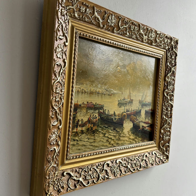 Detailed Harbor Scene Oil Painting "Gilded Frame" Rustic Small Art Holland Art Shop