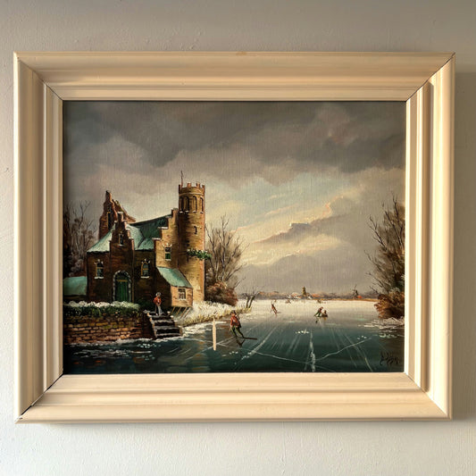 Wonderful Winter Landscape Oil Painting "Frozen Lake Skaters" Medium Artwork