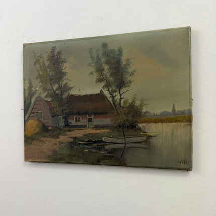 Authentic Landscape Oil Painting "Thatched Cottage" Vintage Small Art Holland Art Shop