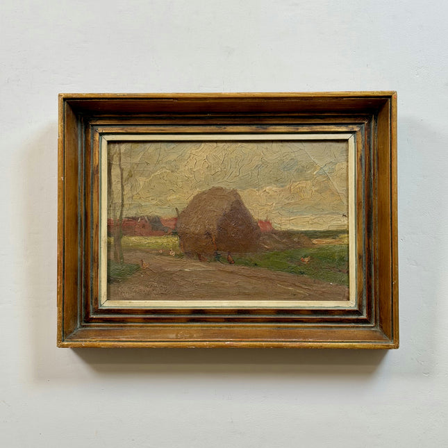 19th Century Antique Landscape Oil Painting "Haystack Painting" Small Art Holland Art Shop