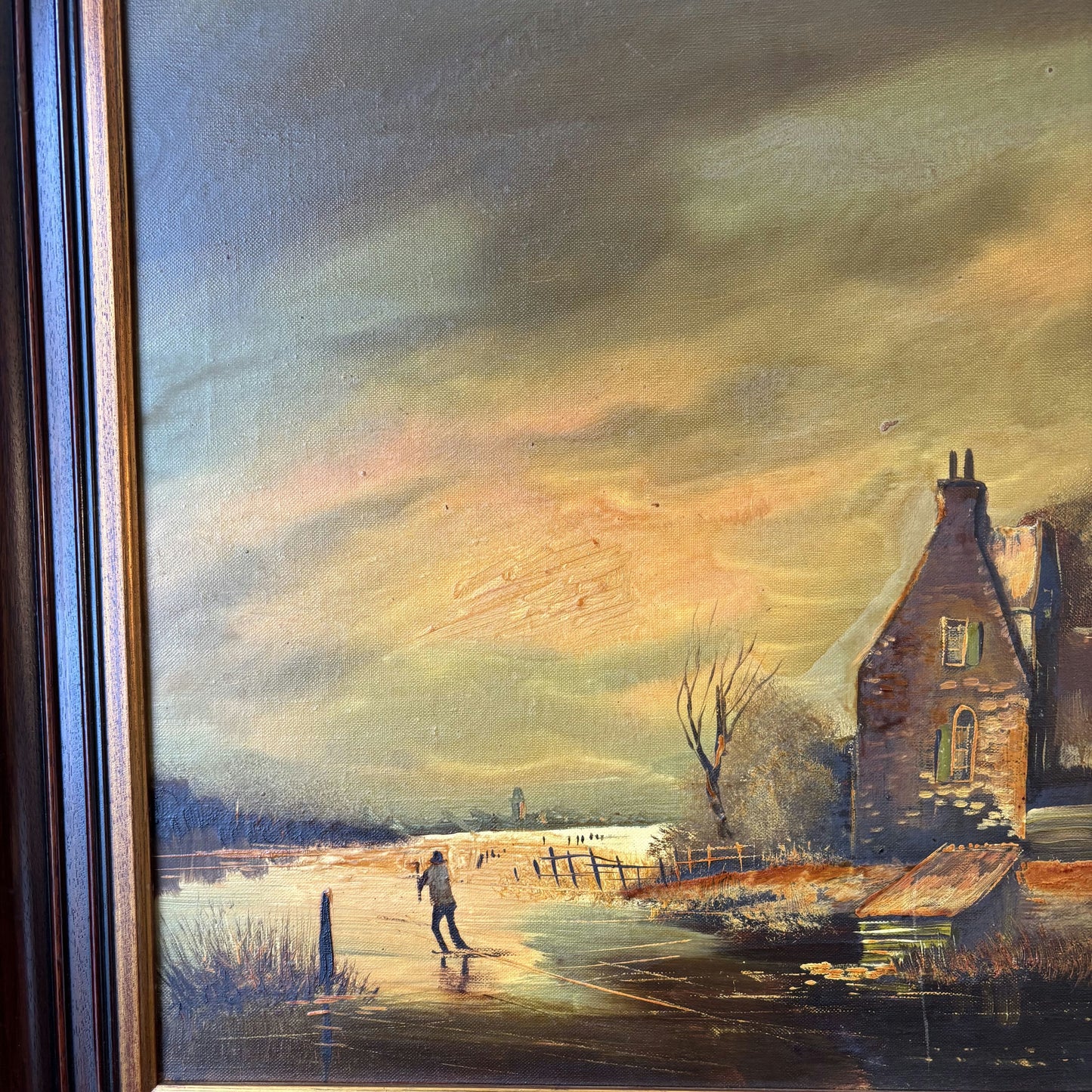 A Landscape Oil Painting "Skating Figure" Intriguing Large Art