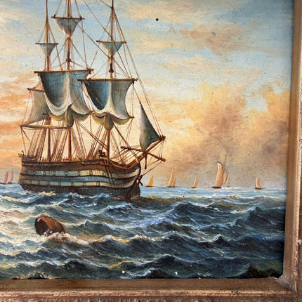 Detailed Harbor Scene Oil Painting "Sailing Ship" Rustic Small Artwork Holland Art Shop