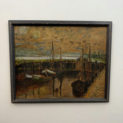 1864 Antique Harbor Scene Oil Painting "Moored Boats" Artwork Holland Art Shop
