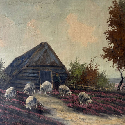 19th Century Antique Farm Oil Painting "Thatched Hut" Large Art Holland Art Shop