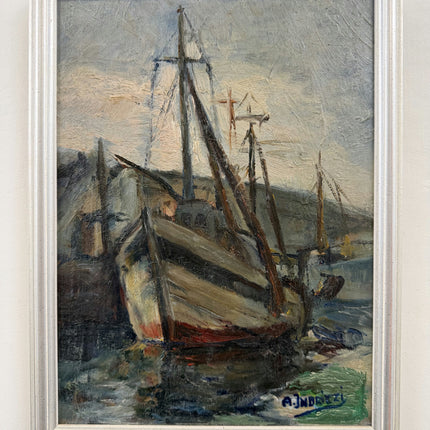 Original Harbor Scene Oil Painting "Fishing Boat" Detailed Small Artwork Holland Art Shop