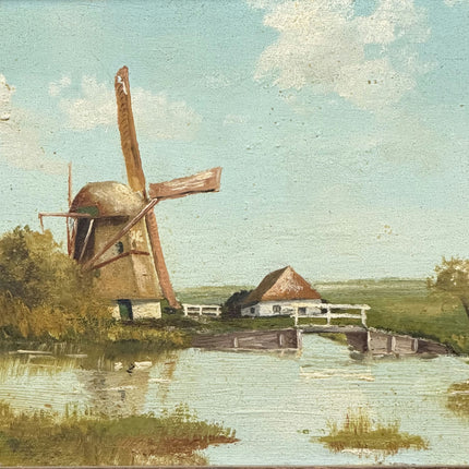 Vintage Scenery Oil Painting "Windmill Tower" Authentic Small Art Holland Art Shop